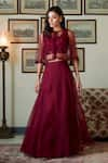 Buy_Twinkle Hanspal_Maroon Silk Organza Blouse Scoop Cape Round Lehenga Set With _at_Aza_Fashions