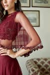 Shop_Twinkle Hanspal_Maroon Silk Organza Blouse Scoop Cape Round Lehenga Set With _at_Aza_Fashions