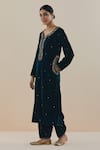 Makaan.51_Green Silk Velvet Embroidered Sequin Notched Kurta And Pant Set  _Online_at_Aza_Fashions