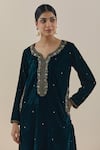 Shop_Makaan.51_Green Silk Velvet Embroidered Sequin Notched Kurta And Pant Set  _Online_at_Aza_Fashions