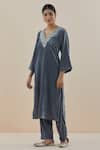 Buy_Makaan.51_Grey Silk Velvet Embroidered Pearl V Neck Kurta Set  _Online_at_Aza_Fashions