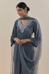 Makaan.51_Grey Silk Velvet Embroidered Pearl V Neck Kurta Set  _at_Aza_Fashions