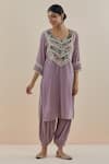 Makaan.51_Purple Velvet Pearl U Neck Silk Bodice Kurta Set  _Online_at_Aza_Fashions