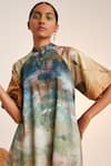 Buy_Cord_Blue Cotton Satin Printed Underwater Mandarin Collar A-line Dress 