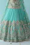 Angad Singh_Blue Net Lining Satin Embroidery V Neck Kurta Lehenga Set _at_Aza_Fashions