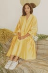 TIL_Yellow Silk Chanderi Plain V Neck Limonchello Choga _Online_at_Aza_Fashions