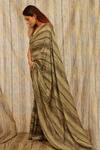 Buy_TIL_Green Cotton Silk Satin Printed Striped Plunge V Neck Saree With Blouse _at_Aza_Fashions