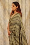 Shop_TIL_Green Cotton Silk Satin Printed Striped Plunge V Neck Saree With Blouse _at_Aza_Fashions