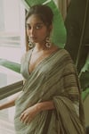 TIL_Green Cotton Silk Satin Printed Striped Plunge V Neck Saree With Blouse _Online_at_Aza_Fashions