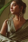 Buy_TIL_Green Cotton Silk Satin Printed Striped Plunge V Neck Saree With Blouse _Online_at_Aza_Fashions