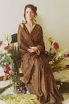 Buy_TIL_Brown Cotton Silk Satin Printed Freckle Pattern V Neck Saree With Blouse _at_Aza_Fashions