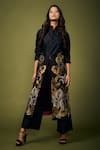 Shop_Taika by Poonam Bhagat_Black Silk Embroidery Leaf Open Jacket _at_Aza_Fashions