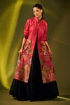 Buy_Taika by Poonam Bhagat_Red Silk Embroidery Leaf Mandarin Collar Jacket _Online_at_Aza_Fashions