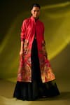 Shop_Taika by Poonam Bhagat_Red Silk Embroidery Leaf Mandarin Collar Jacket _Online_at_Aza_Fashions