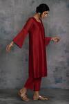 Charkhee_Red Kurta Chanderi Embroidery U Neck Set _Online_at_Aza_Fashions