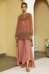 Buy_Kalista_Brown Viscose Crepe Embroidery Round Tahira Tunic And Flared Pant Set _at_Aza_Fashions