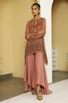 Kalista_Brown Viscose Crepe Embroidery Round Tahira Tunic And Flared Pant Set _Online_at_Aza_Fashions