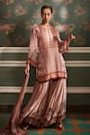 Kalista_Pink Viscose Georgette Floral Pattern Round Asmaa Kurta Gharara Set _Online_at_Aza_Fashions
