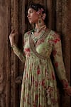 Kalista_Green Viscose Georgette Printed Floral Pattern V Mysa Angarkha And Sharara Set _Online_at_Aza_Fashions