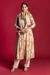 Shop_Kalista_Beige Cotton Silk Band Collar Floral Print Flared Kurta Set _at_Aza_Fashions