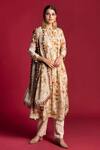 Buy_Kalista_Beige Cotton Silk Band Collar Floral Print Flared Kurta Set _at_Aza_Fashions