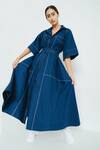 Buy_Notebook_Blue Cotton Poplin Lycra Straight Collar A-line Midi Dress _at_Aza_Fashions