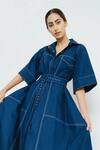 Notebook_Blue Cotton Poplin Lycra Straight Collar A-line Midi Dress _Online_at_Aza_Fashions