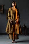 Buy_Shorshe Clothing_Gold Handloom Tissue Lining Shantoon Embroidery Flared Kurta And Farshi Pant Set _Online_at_Aza_Fashions