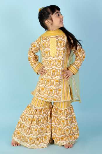Buy_The Plum Bum_Yellow Cotton, Net Gota Patti, Embroidery Block Print Kurta Sharara Set _at_Aza_Fashions