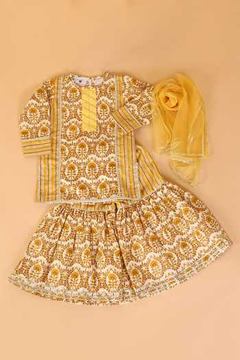 Shop_The Plum Bum_Yellow Cotton, Net Gota Patti, Embroidery Block Print Kurta Sharara Set _at_Aza_Fashions