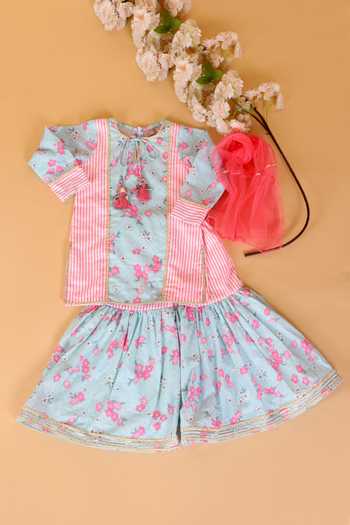 Buy_The Plum Bum_Pink Cotton, Net Embroidery, Gota Patti Floral Print Kurta Sharara Set _at_Aza_Fashions