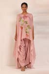 Shop_Koashee By Shubitaa_Pink Bemberg Silk Printed Floral V Neck Cape Tunic And Dhoti Pant Set _at_Aza_Fashions