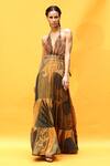 Buy_Nikita Mhaisalkar_Yellow Crinkled Pure Chiffon Tropical And African Baroque Print Tiered Dress_at_Aza_Fashions