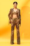 Buy_Nikita Mhaisalkar_Brown Sheeted Pure Georgette Tropical Pattern Plunge V Neck Pant Blazer Set _at_Aza_Fashions