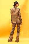 Nikita Mhaisalkar_Brown Sheeted Pure Georgette Tropical Pattern Plunge V Neck Pant Blazer Set _Online_at_Aza_Fashions