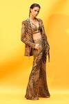 Buy_Nikita Mhaisalkar_Brown Sheeted Pure Georgette Tropical Pattern Plunge V Neck Pant Blazer Set _Online_at_Aza_Fashions