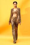 Shop_Nikita Mhaisalkar_Brown Sheeted Pure Georgette Tropical Pattern Plunge V Neck Pant Blazer Set _Online_at_Aza_Fashions