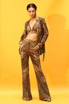 Nikita Mhaisalkar_Brown Sheeted Pure Georgette Tropical Pattern Plunge V Neck Pant Blazer Set _at_Aza_Fashions