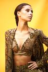 Shop_Nikita Mhaisalkar_Brown Sheeted Pure Georgette Tropical Pattern Plunge V Neck Pant Blazer Set _at_Aza_Fashions