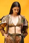 Nikita Mhaisalkar_Brown Double Georgette Tropical Pattern Plunge V Neck Bralette _at_Aza_Fashions