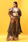 Buy_Nikita Mhaisalkar_Brown Poplin Tropical Pattern Exaggerated Collar Cape Trench _Online_at_Aza_Fashions
