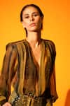 Nikita Mhaisalkar_Green Crinkled Pure Chiffon Printed Stripes Plunge V Neck Shirt _Online