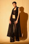 Buy_Nikita Mhaisalkar_Black Organza Applique Work And Bugle Beads Lapel Sleeveless Long Jacket _at_Aza_Fashions