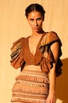 Buy_Nikita Mhaisalkar_Brown Crinkled Pure Chiffon Tropical V Neck Crop Top _Online_at_Aza_Fashions