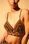 Nikita Mhaisalkar_Brown Tulle African Baroque V Neck Work Cutout Bralette_at_Aza_Fashions