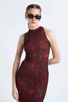 Buy_Therealb_Maroon Polyester Floral Print Halter Neck Solaris Pleated Dress_Online_at_Aza_Fashions