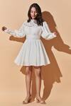 Buy_Therealb_White 100% Recycled Cotton Lace Mandarin Collar Embroidered Dress_at_Aza_Fashions