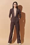 Buy_Therealb_Brown 20% Cotton, 80% Polyester Notched Lapel Collar Plunge Neckline Jumpsuit_at_Aza_Fashions