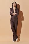 Buy_Therealb_Brown 20% Cotton, 80% Polyester Notched Lapel Collar Plunge Neckline Jumpsuit_Online_at_Aza_Fashions