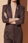Therealb_Brown 20% Cotton, 80% Polyester Notched Lapel Collar Plunge Neckline Jumpsuit_at_Aza_Fashions
